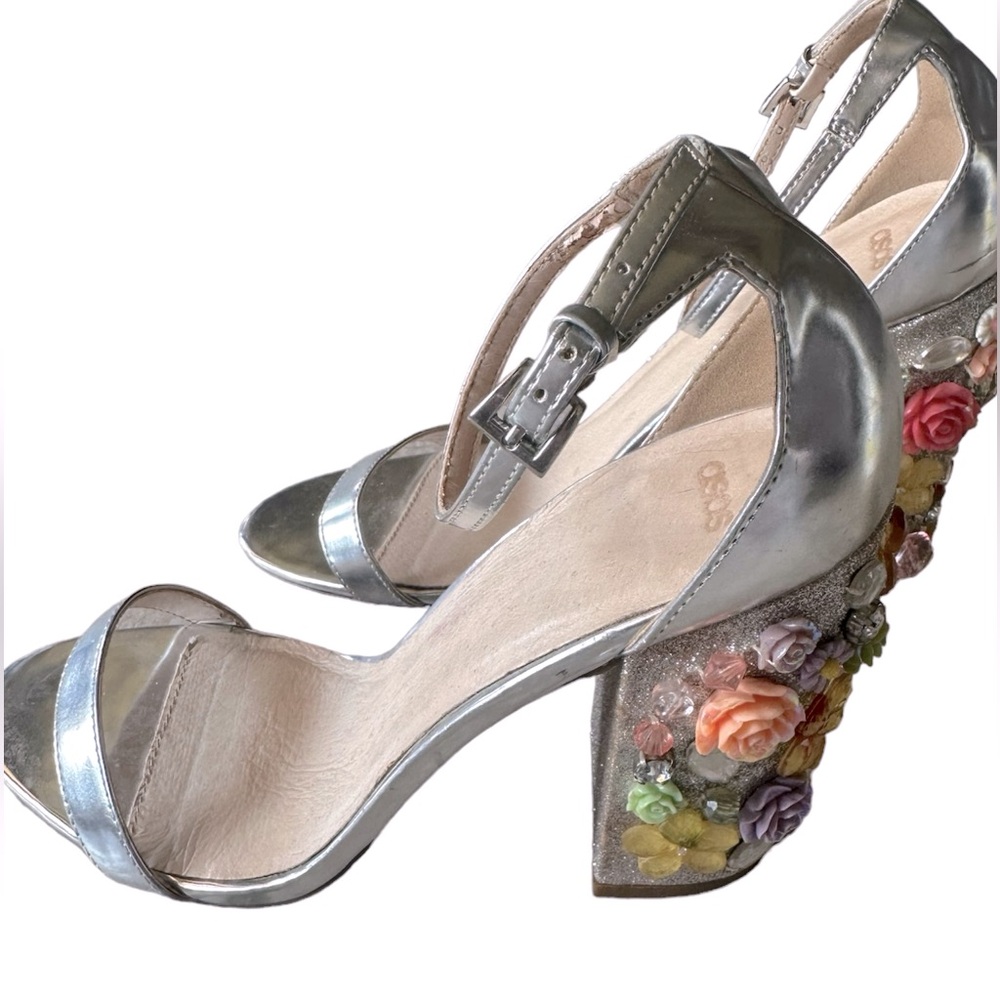 Asos Silver Open Toe Sandal with Floral Embellished Heel. Size 8.